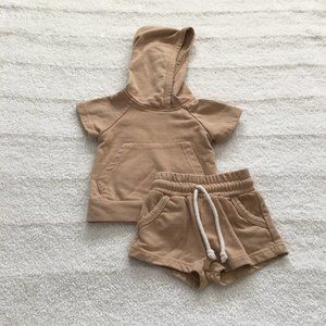 Winnie + Crew tan short sleeve hoodie and shorts set